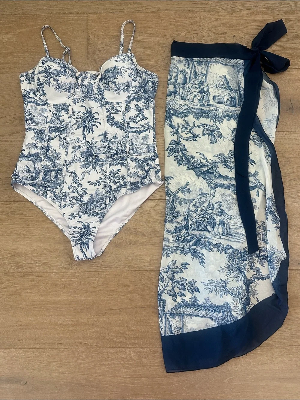 Blue & White Toile One Piece Swimsuit with Matching Sheer Sarong Cover-Up Set